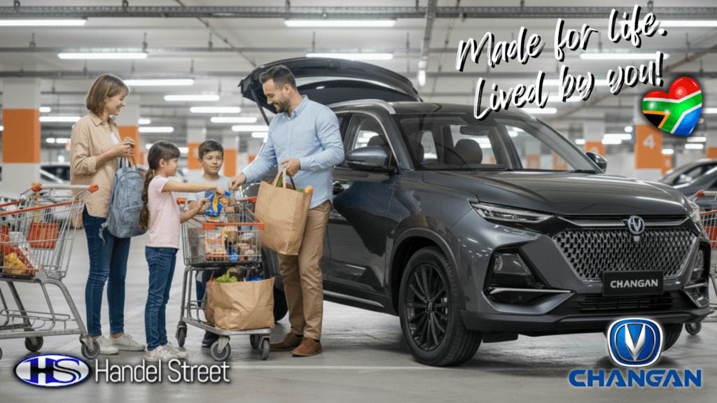 A family of four loading groceries into the back of a grey Changan SUV in an underground parking garage, highlighting family lifestyle.