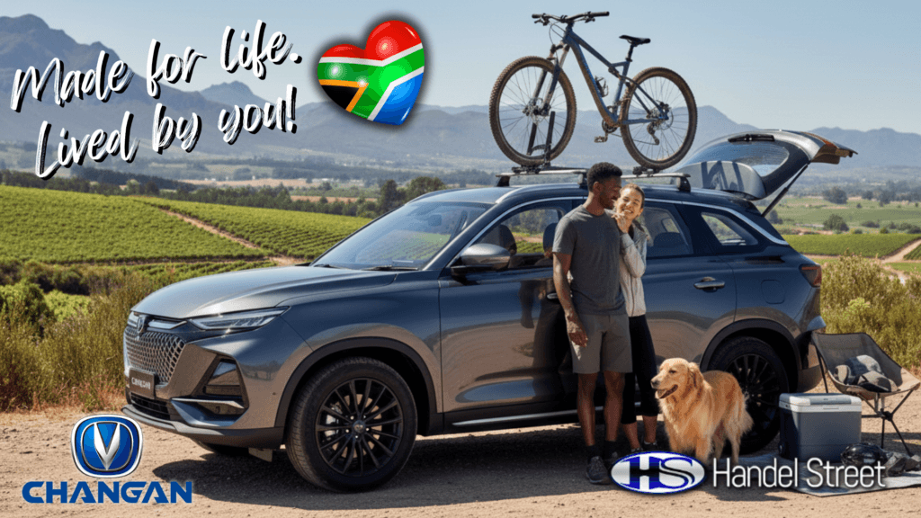 A couple with a golden retriever standing by their Changan SUV in a vineyard, equipped with a roof-mounted mountain bike and camping gear.