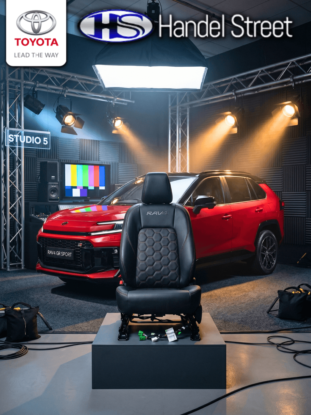 Custom black leather Toyota RAV4 GR Sport car seat with red contrast honeycomb stitching by Handel Street in a professional production studio.