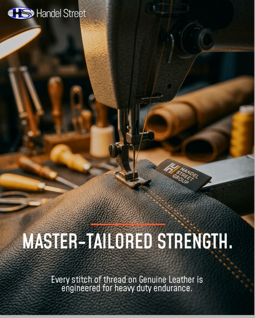 Close up of an industrial sewing machine stitching heavy-duty black genuine leather with yellow thread at the Handel Street workshop.