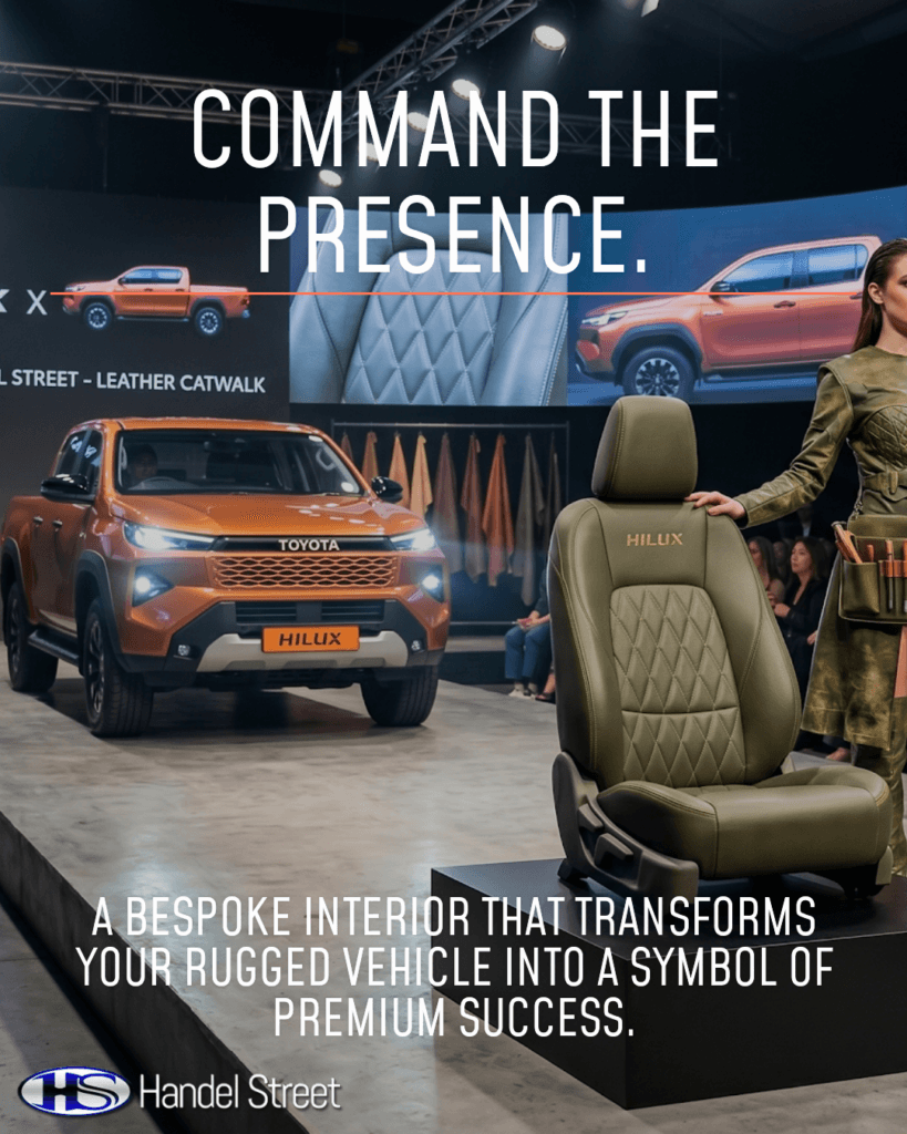 An olive green genuine leather custom car seat with diamond quilting and Hilux branding on the headrest, displayed on a stage next to an orange Toyota Hilux bakkie.