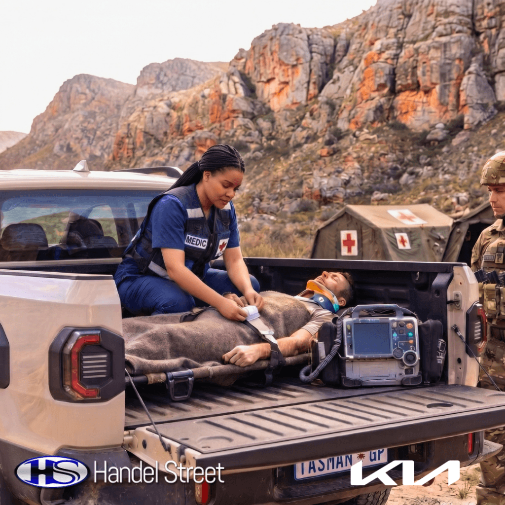 Kia Tasman medical vehicle conversion by Handel Street featuring emergency response personnel securing a patient in the bakkie load bed during a tactical rescue operation.